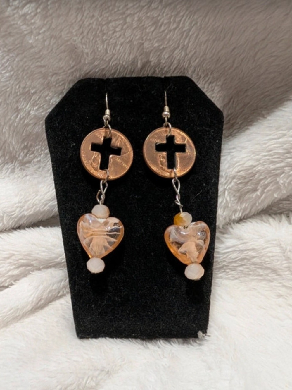 Handcrafted Gold-Tone Cross & Amber Heart Drop Earrings
